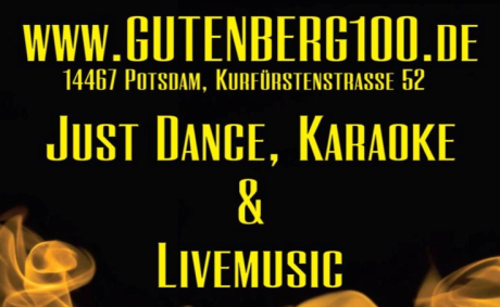 ein ansprechendes Logo mit: Gutenberg100- Deine Bar- Just Dance, Karaoke & Livemusic